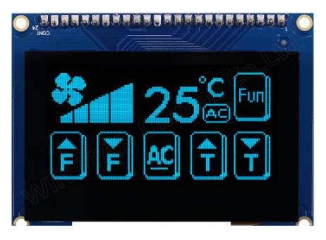 2.42インチ　128 x 64　COG+PCB+Frame　6800,8080,SPI,I2C　グラフィック/Graphic　静電容量方式タッチパネル/Capacitive Touch Panel　有機ELディスプレイ　有機ELモジュール　OLED Display　OLED Module