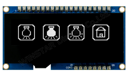 2.23インチ　128 x 32　COG+PCB+Frame　6800,8080,SPI,I2C　グラフィック/Graphic　静電容量方式タッチパネル/Capacitive Touch Panel　有機ELディスプレイ　有機ELモジュール　OLED Display　OLED Module